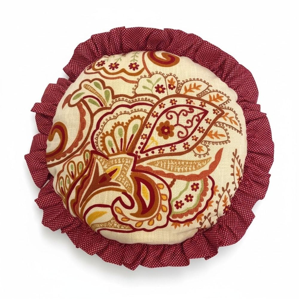 VTG Pier 1 Imports Round Boho Embroidered Ruffle Throw Pillow Red Polka Dot 16"